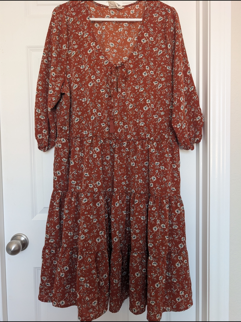 Rust Floral Tiered Midi Dress